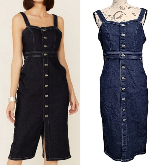 Lee Dresses & Skirts - Lee overall vintage modern dungaree denim dark blue button up jean dress M